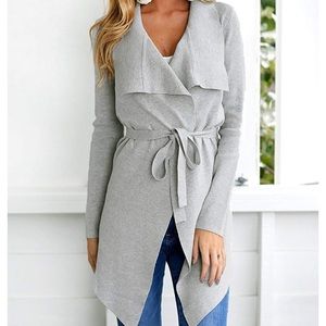 Grey open front coat with belt